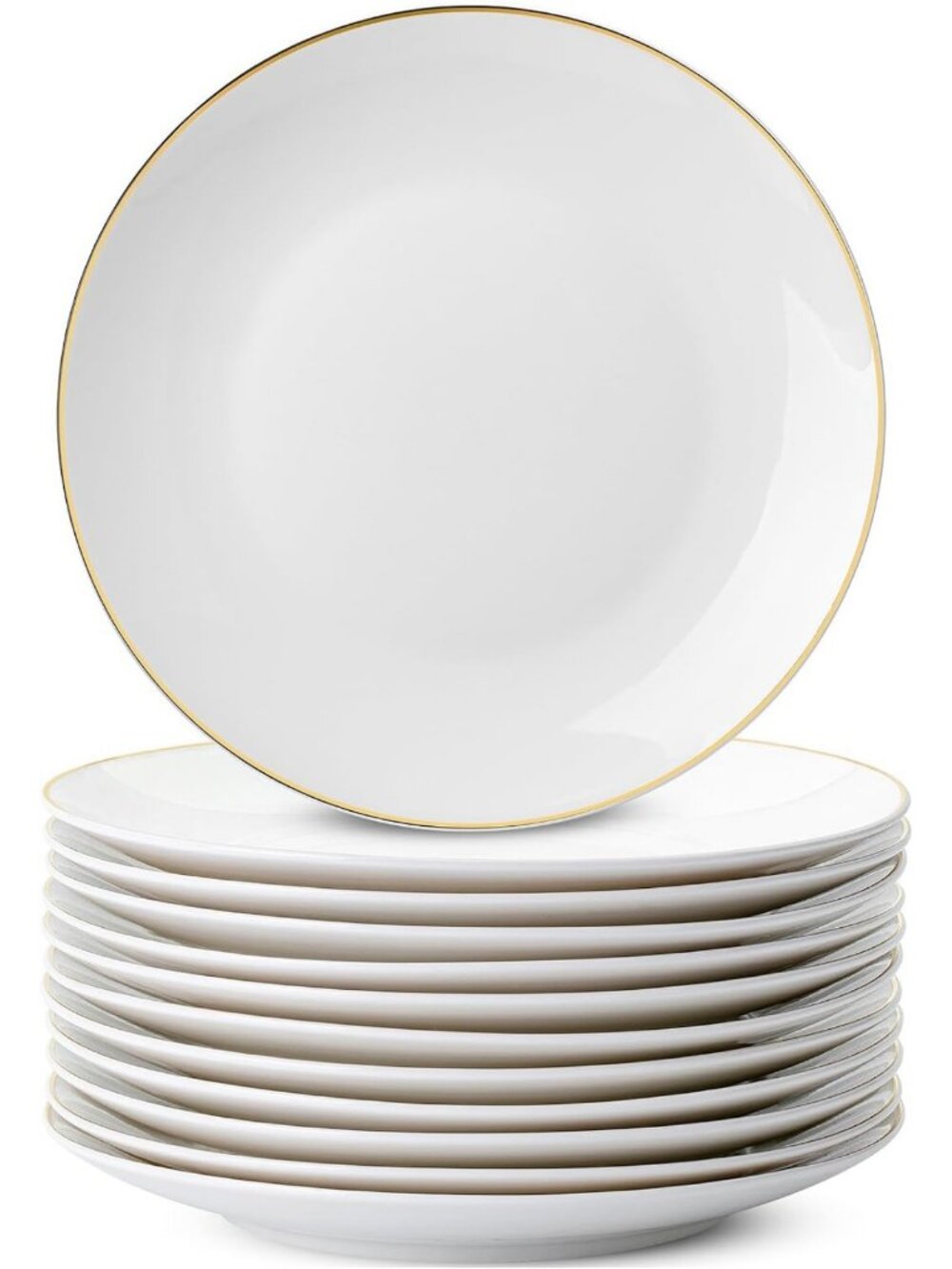 Elegant White Dessert Plates with Gold Rim, Set of 12, 8" Porcelain Appetizer